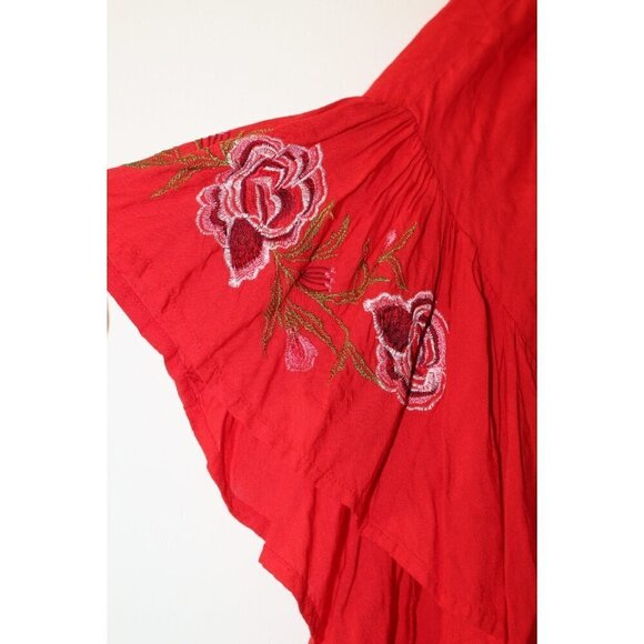 Feathers Embroidered Red Floral Boho Women's Top Small Bell Sleeves Off Shoulder - Picture 7 of 9